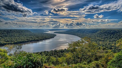 Obraz premium River bends through rainforest, aerial view, dramatic clouds, nature tourism