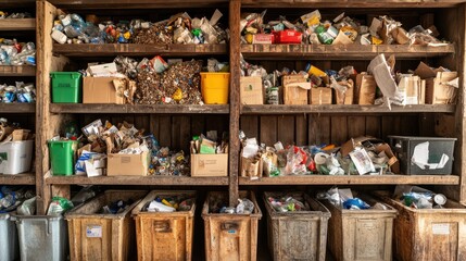 A recycling center for a business, with bins and sorting systems for paper, plastic, and metal, promoting waste reduction