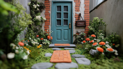 Naklejka premium Sweet home Claymation, A vibrant claymation scene featuring a welcoming front yard with a mat, showcasing artistic detail and high fidelity in a whimsical setting.