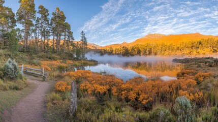 Autumn sunrise mist over mountain lake, scenic path