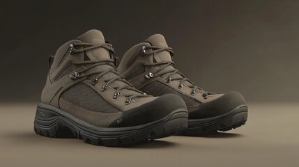 Hiking boots studio shot, neutral background, outdoor gear