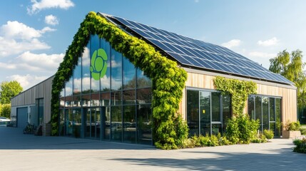 Obraz premium A solar-powered office building with a green business logo displayed on the exterior, emphasizing eco-friendly energy use