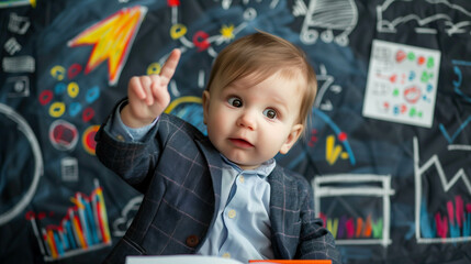 Baby in suit pointing with confidence against a chalkboard with drawings