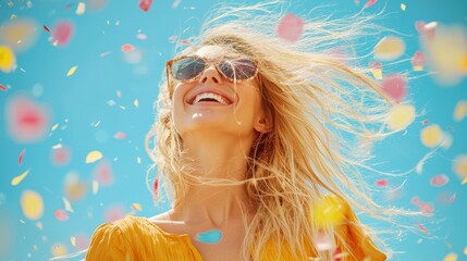 A woman with blonde hair and sunglasses is smiling. Generative AI