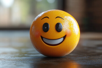 Happy emoticon sphere smiles cheerfully on dark surface