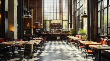 A spacious and well-lit dining area at a hostel, featuring industrial-style decor and communal seating