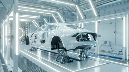 White sports car chassis in futuristic automotive production line