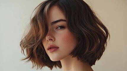 Naklejka premium Young Woman with Wavy Brown Bob Haircut