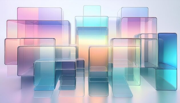 Translucent, iridescent square panels floating in an abstract geometric arrangement with pastel reflections