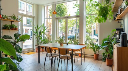 Obraz premium A stylish and bright hostel dining room with neutral tones, plants for decor, and minimalist design