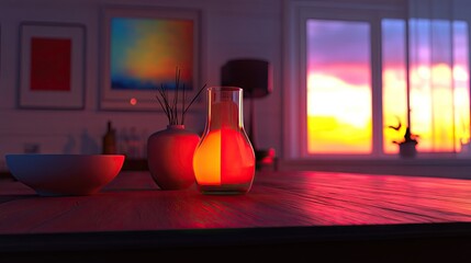 A stylish dining area decorated with beautiful vases, artwork, and soft lighting, perfect for showcasing home decor skills