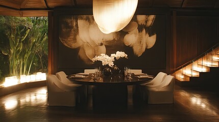 A stylish dining area decorated with beautiful vases, artwork, and soft lighting, perfect for showcasing home decor skills