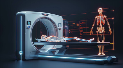 Naklejka premium Futuristic CT scanner with digital human anatomy visualization