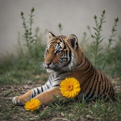 Obraz premium A little tiger cub sitting close to a pretty flower with a white backdrop. 