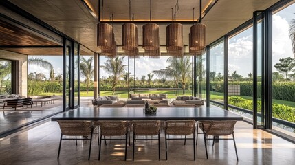 Fototapeta premium A stylish dining space featuring a rectangular metal table, woven rattan chairs, and chic pendant lighting