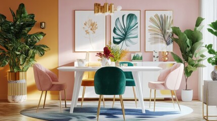 A vibrant dining area with a white table, multicolored chairs, and a gallery wall of art