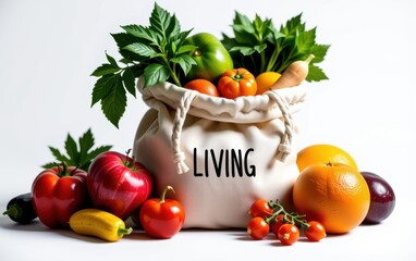 A vibrant assortment of fresh vegetables spilling out of a reusable cloth bag, emphasizing sustainable shopping and healthy eating.