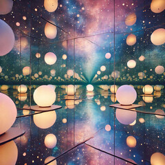 Infinity Mirror Room with Luminous Orbs and a Cosmic Backdrop
