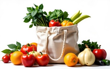 A vibrant assortment of fresh vegetables spilling out of a reusable cloth bag, emphasizing sustainable shopping and healthy eating.