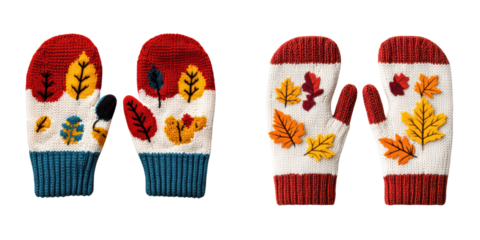 Knitted mittens with autumn leaf patterns in vibrant colors, perfect for chilly days