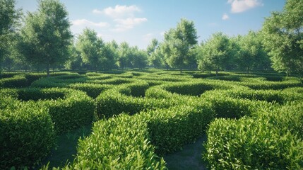 A tranquil labyrinth made of dense green bushes, with a clear blue sky in the background.