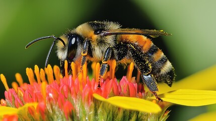 bee resting on a vividly colored flower, with intricate details of the bee's body and the flower's texture, showcasing the beauty of nature