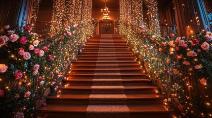 A beautifully decorated staircase adorned with flowers and twinkling lights, creating a romantic and enchanting atmosphere.