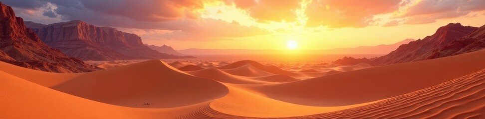 Sandy dunes stretching towards crimson mountains, mountains, sun