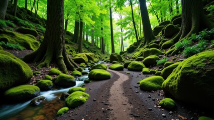 Obraz premium A verdant forest bursts with towering trees and vibrant green foliage. A winding brown dirt path slices through the lush landscape, inviting exploration into nature's heart