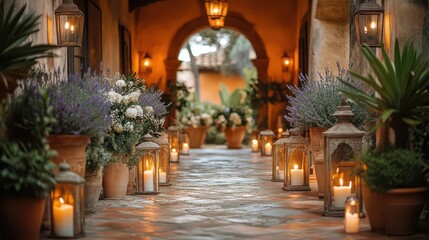 Obraz premium A serene, beautifully lit corridor adorned with potted plants and glowing lanterns, creating a warm, inviting atmosphere.