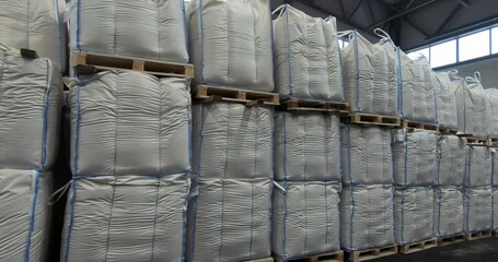 Fertilizer warehouse. Storage of fertilizers in bags for further use in agriculture.
