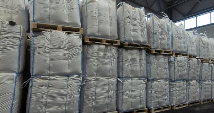 Fertilizer warehouse. Storage of fertilizers in bags for further use in agriculture.