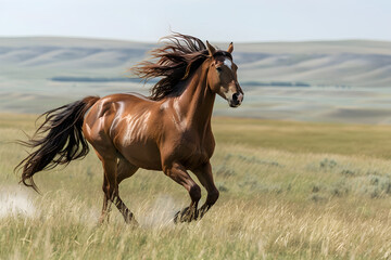 Fototapeta premium Splendid Display of Equine Agility and Speed: A Chestnut Horse Galloping On Open Fields