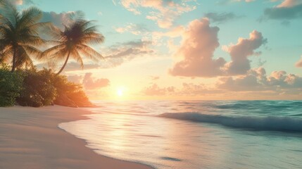 A tranquil beach scene at sunset, featuring palm trees, soft waves, and colorful clouds, evoking a sense of peace and relaxation.