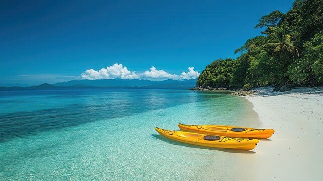 A serene beach scene featuring two yellow kayaks on clear water, with lush greenery and distant mountains under a bright blue sky.