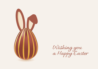 Happy Easter banner. Holiday greeting background with chocolate golden egg and bunny ears. Spring vector illustration