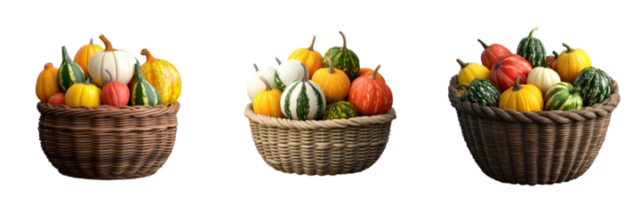 Colorful gourds and pumpkins in woven baskets create vibrant autumn display