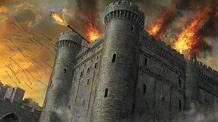 Fototapeta premium Medieval Castle Under Siege with Flames and Arrows in a Dramatic Sky Setting