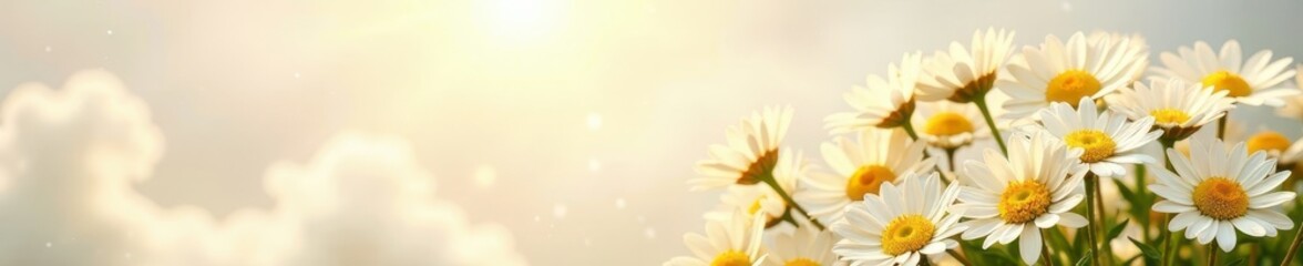 Fototapeta premium Sunlit daisies bloom on a snow-white background, flowers, sunny, flowers yellow petals bright