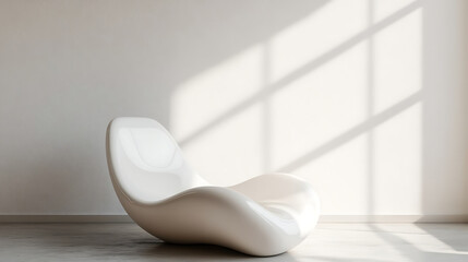 A white chair is sitting in a room with a white wall