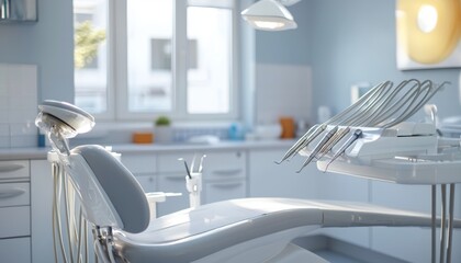 sleek dentist office showcasing an adjustable table, modern therapy devices, and a minimalist design, promoting a calm and professional atmosphere for patient comfort