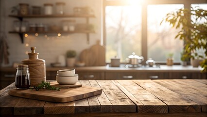 A brown wooden table top in a cozy kitchen interior, with daylight flare bokeh and a blurred background. 