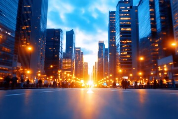 Obraz premium Illuminated Cityscape with Smart Streetlights Adjusting to Pedestrian Activity and Time of Day