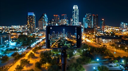 Obraz premium Smartphone on Tripod, A smartphone securely mounted on a sturdy tripod, ready to capture moments with stability and precision.