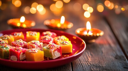 Fototapeta premium Festive dinner table filled with traditional Indian dishes,Indian traditional sweets set,Mix indian milk made sweets of indian and pakistani festivals.