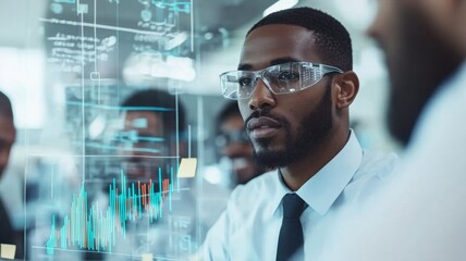 Continuous improvement. Professional man analyzing data with glasses in a modern workspace.