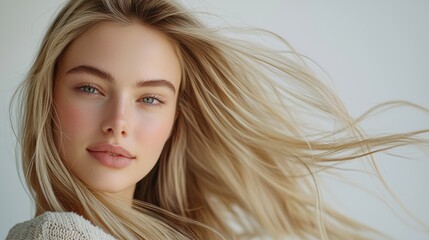 Fototapeta premium A blonde woman with long hair and a pinkish tint to her lips. Generative AI