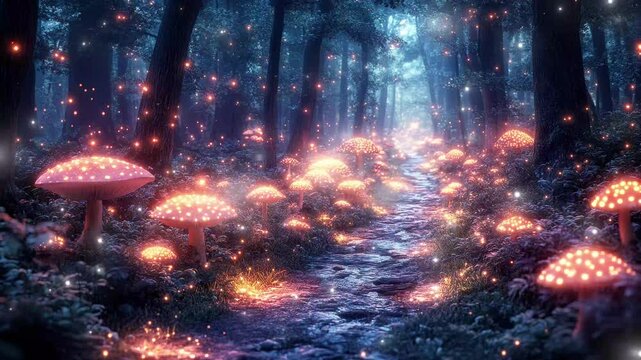 A magical forest path glows with vibrant mushrooms, enchanting the twilight air. glitch stream overlay seamless loop Vtuber streamer asset twitch zoom OBS screen animated wallpaper virtual background
