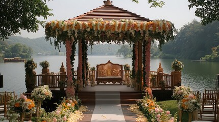 A serene lakeside wedding gazebo adorned with flowers, surrounded by nature, creating a picturesque setting for a romantic celebration.