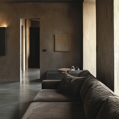 living room interior in deep brown hues, showcasing a stylish sofa and minimalist decor, leading into a hallway that embodies contemporary home design